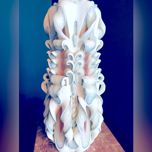 Handmade Carved Candle White with shades of green & shell, pink 12.5" h x 5.5"w - Picture 14 of 14